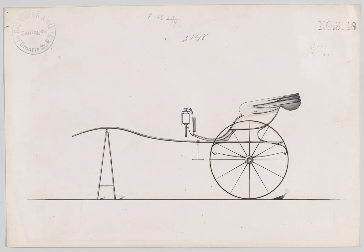 Design for Dog Cart or 2 Wheeler, no. 3148 by Brewster & Co., drawing, 1875