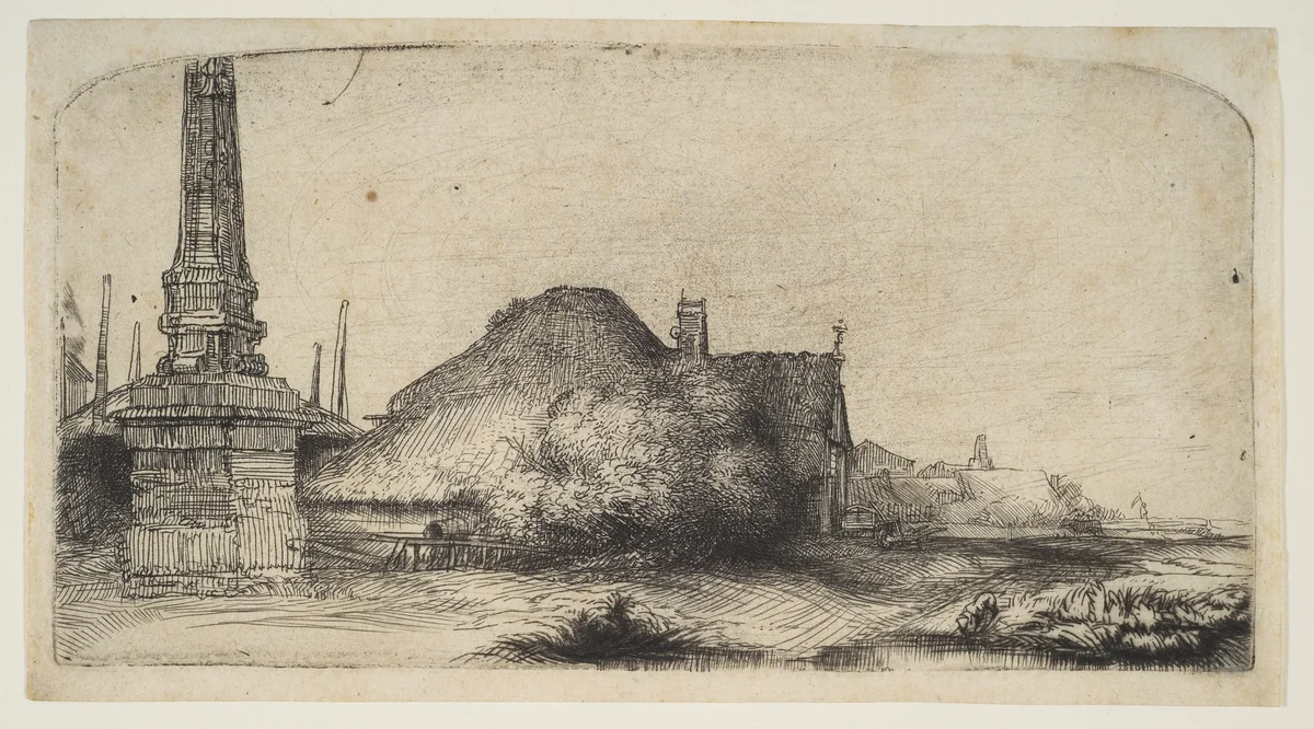 Cottage and Boundary Post on the Spaarndammerdijk ('L'Obelisque') by Rembrandt van Rijn, print, 1645-1655