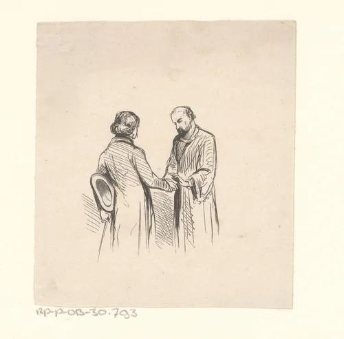 Staande man de hand van een andere staande man vasthoudend by Isaac Weissenbruch, print, 1836-1912