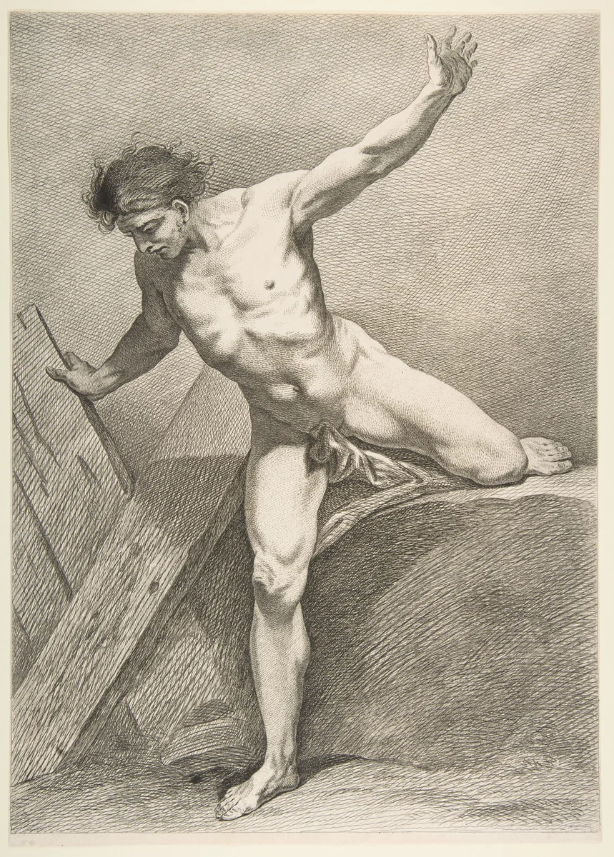 An "Académie": Striding Man Leaning on a Plank by Carle Vanloo, print, 1742-1743