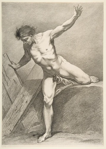 An "Académie": Striding Man Leaning on a Plank by Carle Vanloo, print, 1742-1743
