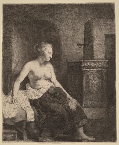 Woman Sitting Half Dressed beside a Stove by Rembrandt van Rijn, print, 1658