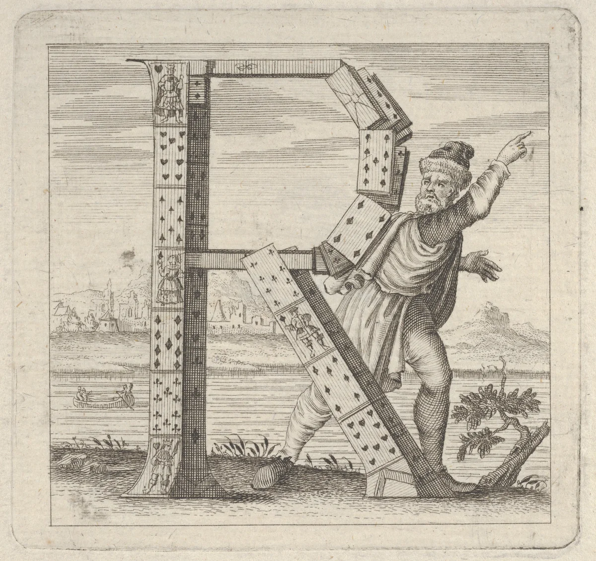 The letter R, constructed from a court pack of playing cards, stands on a riva (river bank) by anonymous, print, 1700-1799