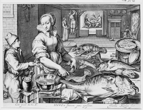 Kitchen Scene with Kitchen Maid Preparing Fish, Christ at Emmaus in the Background, from Kitchen and Market Scenes with Biblical Scenes in the Background by Jacob Matham, print, 1598-1608