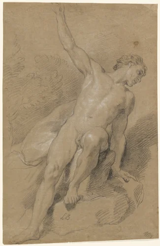 Male Nude Seated on Rocks by Louis de Boullogne, drawing, 1710