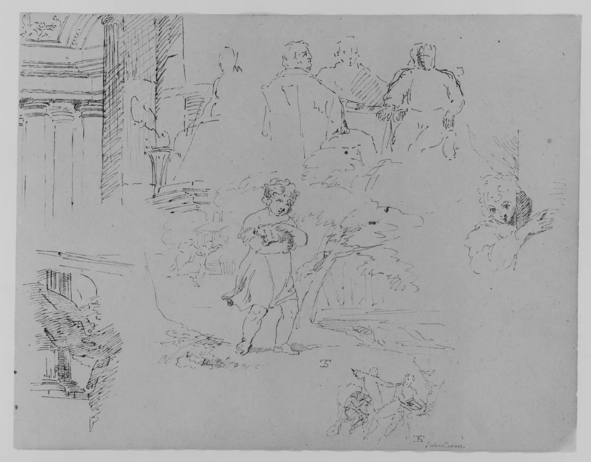 Two Architectural Sketches; Three Men Seated at Table; Child Holding Pet in Landscape; Figure Appearing Behind Corner; Scene from Julius Ceasar (from Sketchbook) by Thomas Sully, artwork, 1810-1820