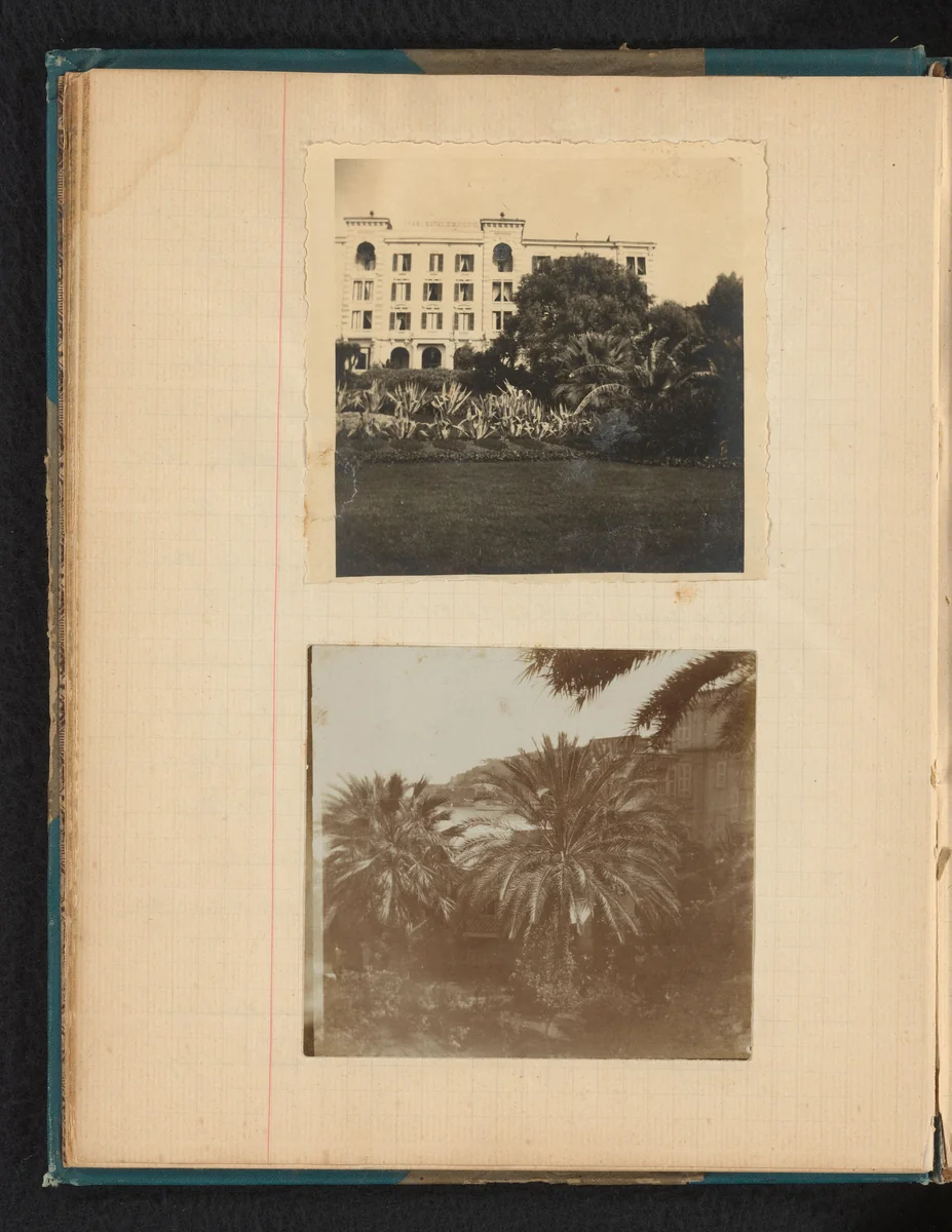 Uitzicht met palmbomen gezien vanuit voormalig hotel Schweizerhof in Ajaccio, Corsica by Théodore van Lelyveld, book, 1902-1904
