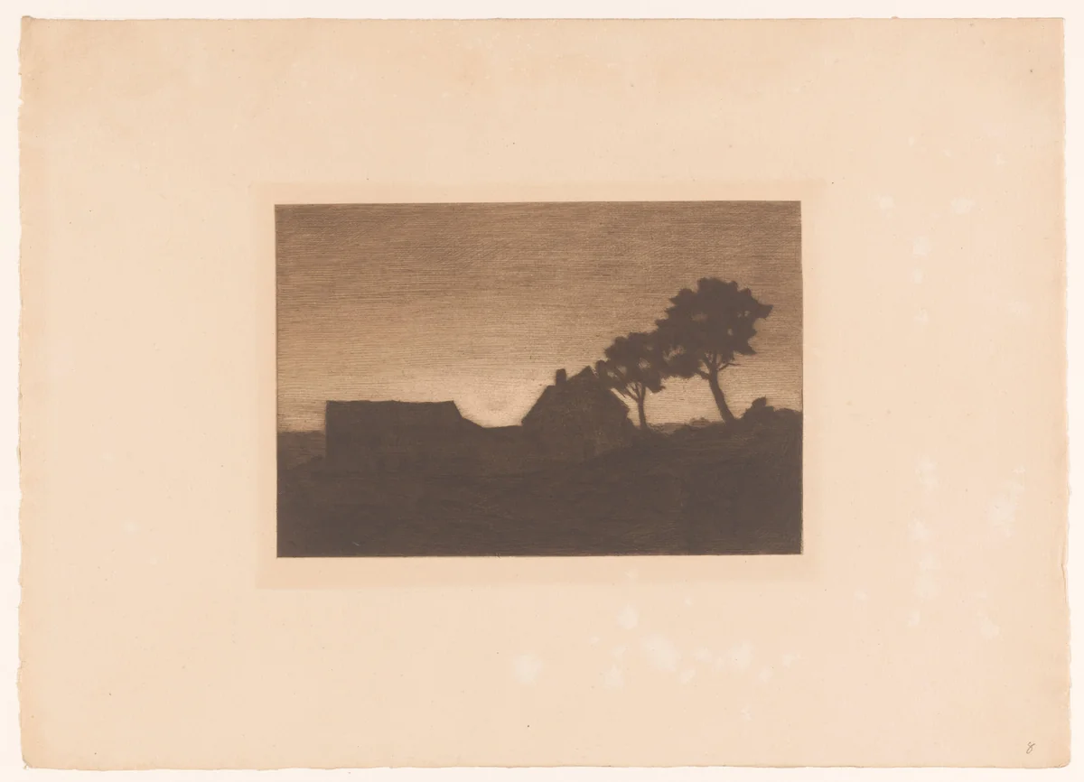 Boerderij en twee bomen bij zonsondergang by Herman Boulenger, print, 1881-1909