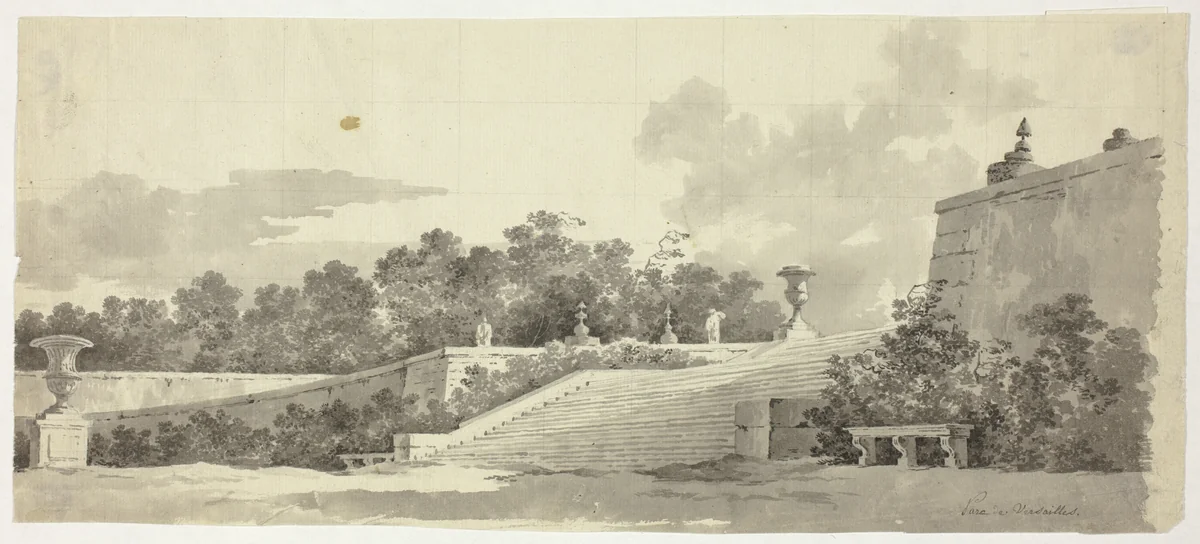 View of the Park at Versailles: Staircase, Urns and Topiaries by Pierre Antoine Mongin, drawing, 1781-1827