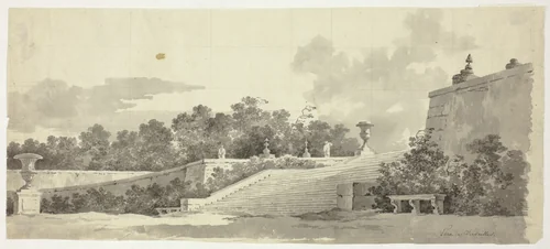 View of the Park at Versailles: Staircase, Urns and Topiaries by Pierre Antoine Mongin, drawing, 1781-1827