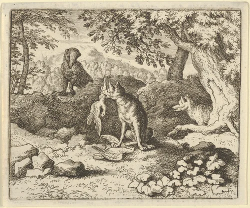 The Badger Hurries to Warn Renard of the Lion's Intention from Hendrick van Alcmar's Renard The Fox by Allart van Everdingen, print, 1650-1675