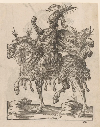 Man te paard gekleed als Mars by Jost Amman, print, 1584