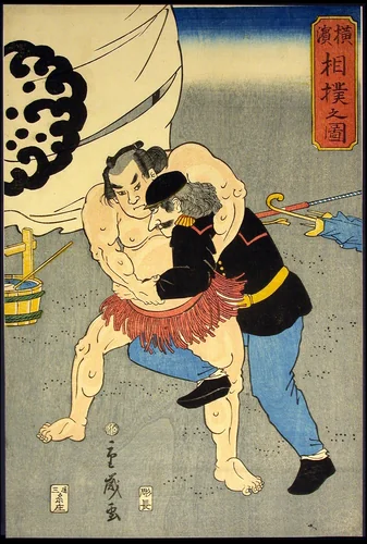 Picture of a Sumo Wrestling Match in Yokohama (Yokohama sumo no zu) by Shigetoshi, print, 1861