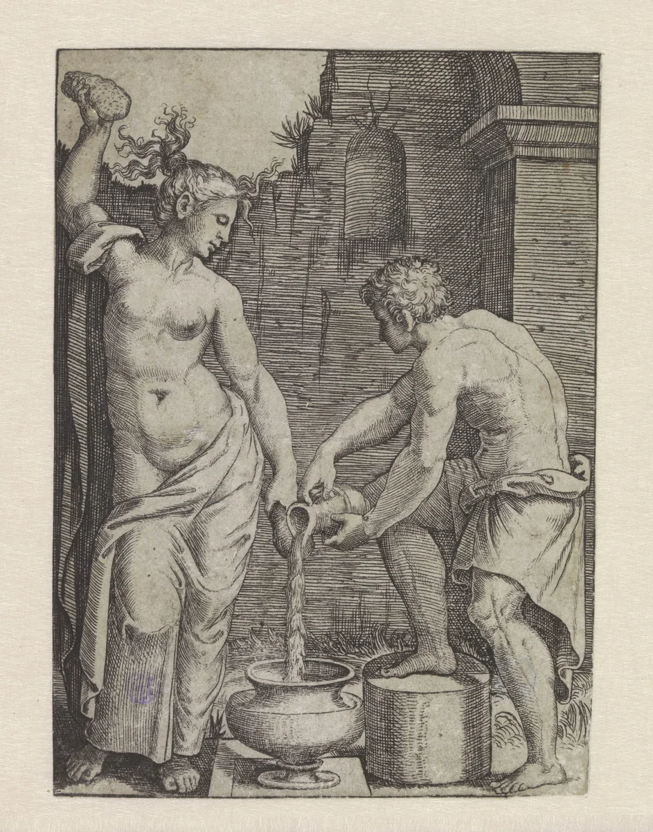 Halfnaakte vrouw wast zich met sponzen en mannelijke bediende schenkt water in vat by Marcantonio Raimondi, print, 1510-1527