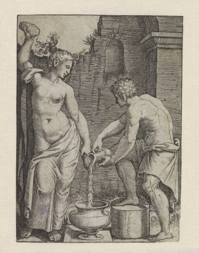 Halfnaakte vrouw wast zich met sponzen en mannelijke bediende schenkt water in vat by Marcantonio Raimondi, print, 1510-1527