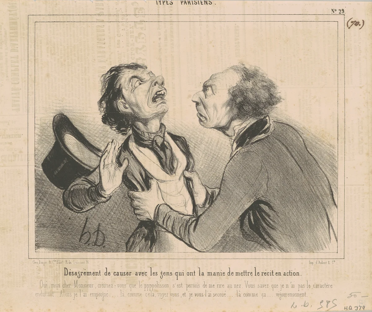 Désagrément de causer avec les gens... by Honoré Daumier, print, 1840