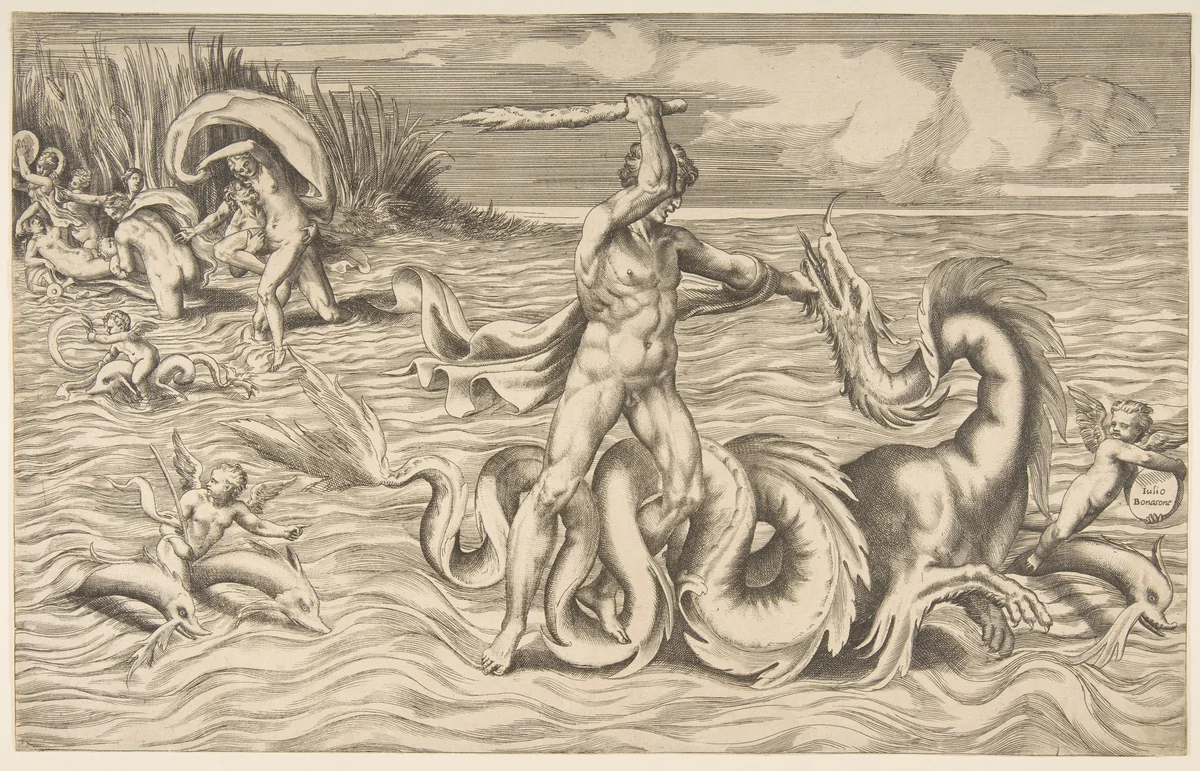 Hercules fight adragon in the centre, Achelous carrying off Deianeira upper left by Giulio Bonasone, print, 1531-1576