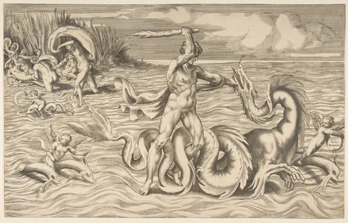 Hercules fight adragon in the centre, Achelous carrying off Deianeira upper left by Giulio Bonasone, print, 1531-1576