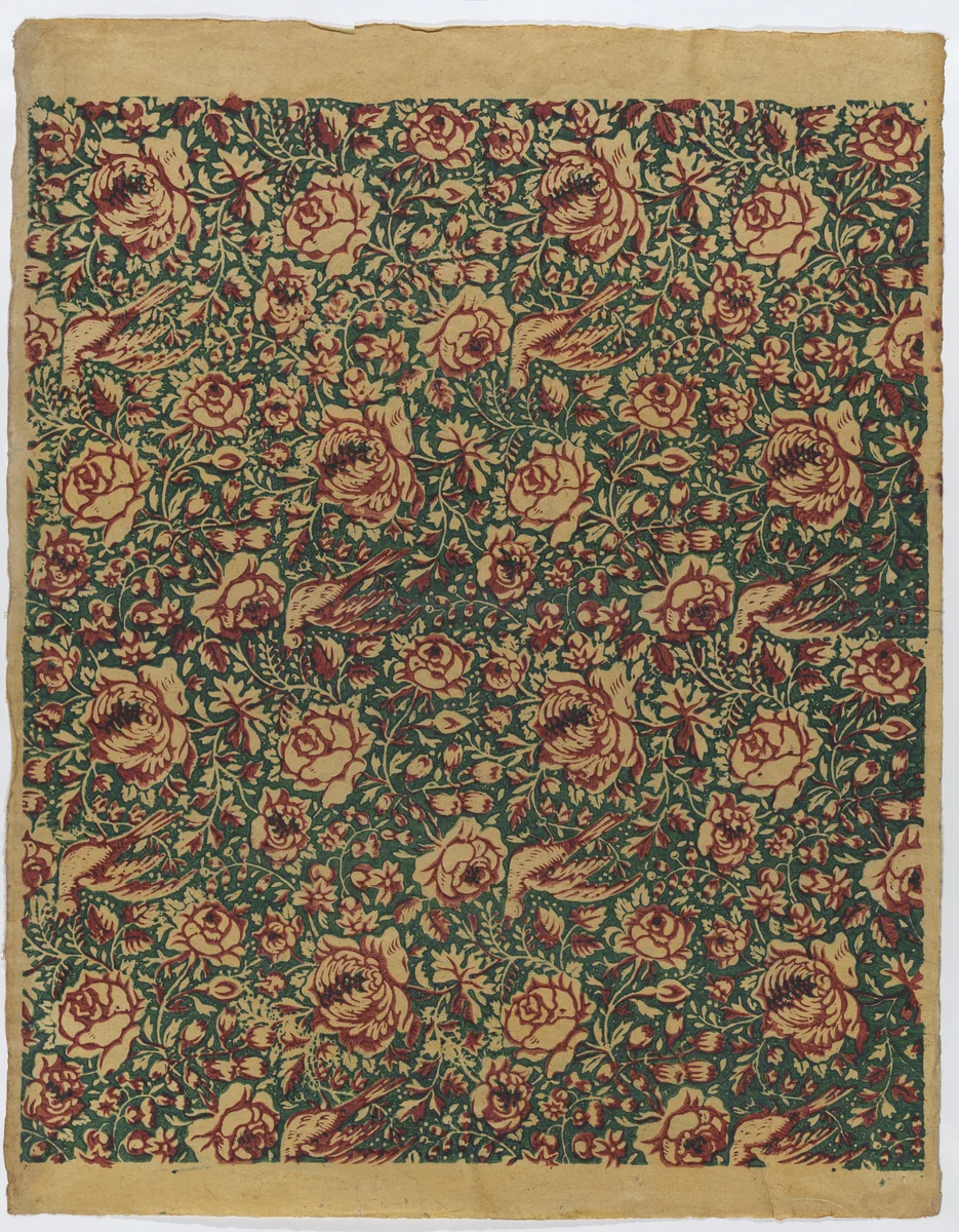 Sheet with overall floral pattern with birds by anonymous, print, 1775-1875