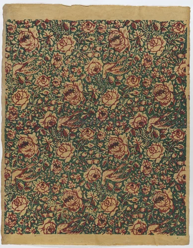 Sheet with overall floral pattern with birds by anonymous, print, 1775-1875