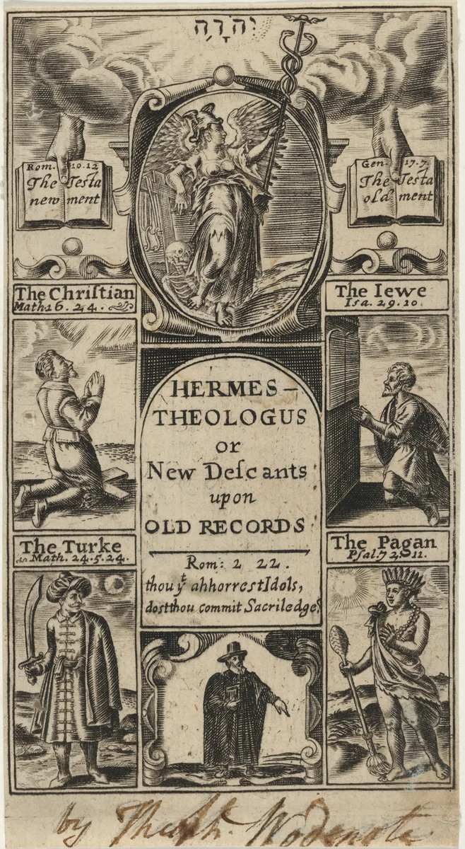 Title Page to Hermes Theologus or New Descants Upon Old Records, Theoph. Woodnote by Unknown 19th Century, print, 1800-1899