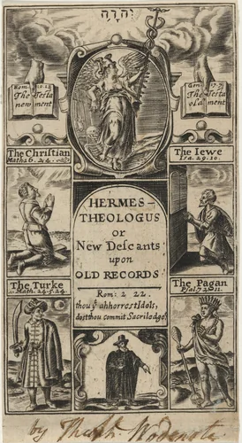 Title Page to Hermes Theologus or New Descants Upon Old Records, Theoph. Woodnote by Unknown 19th Century, print, 1800-1899
