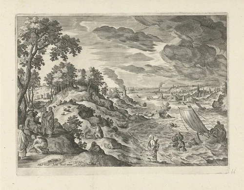 Landschap met de roeping van de apostel Petrus by Johann Sadeler, print, 1580-1600