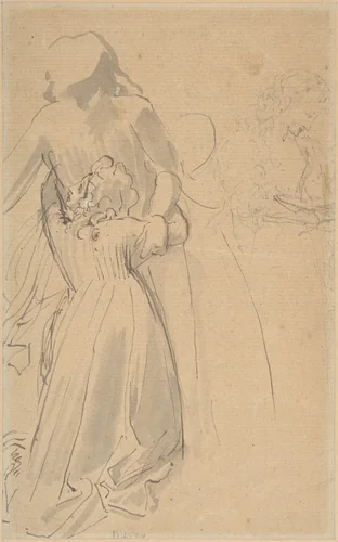 Sheet of studies with female figure kneeling and embracing standing figure by John Flaxman, drawing, 1775-1826