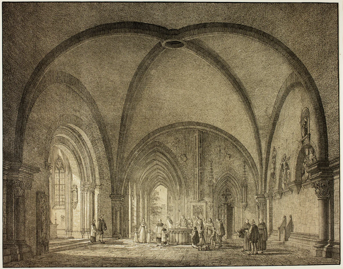 Baptismal Hall and Cloisters in the Cathedral at Mainz, from Collection of Memorable Medieval Buildings in Germany by Domenico Quaglio, print, 1823