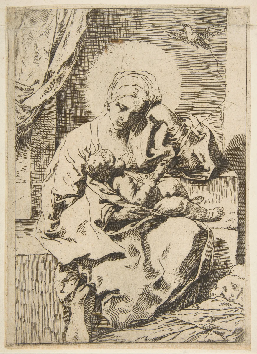 Madonna and Child with a bird, copy in reverse by Simone Cantarini, print, 1630-1641