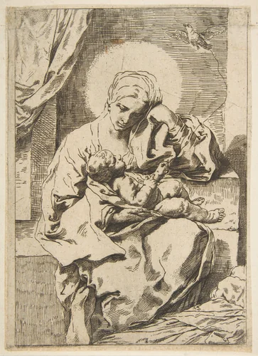 Madonna and Child with a bird, copy in reverse by Simone Cantarini, print, 1630-1641