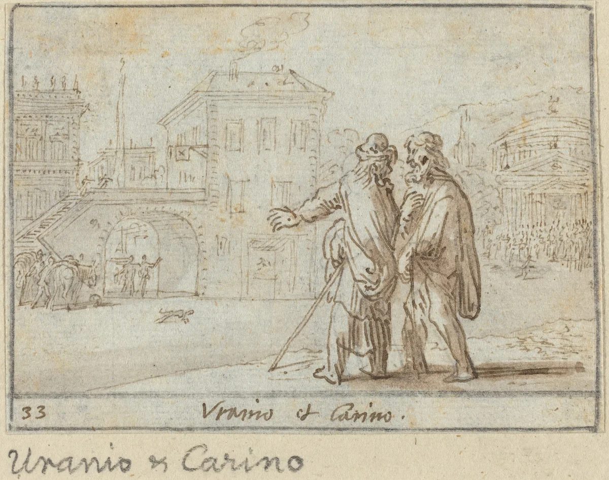 Uranio and Carino by Johann Wilhelm Baur, drawing, 1640