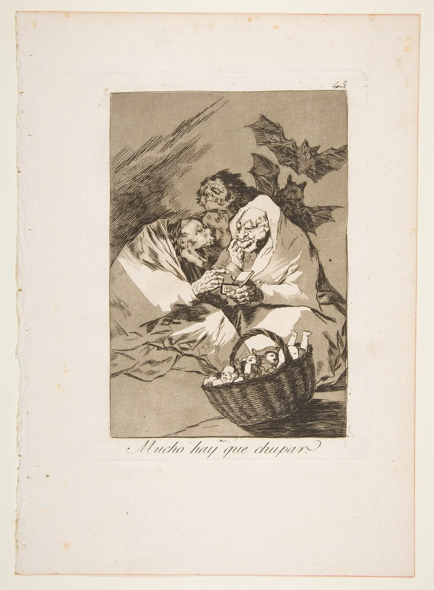 Plate 45 from "Los Caprichos": There is Plenty to Suck (Mucho hay que chupar) by Goya, print, 1799