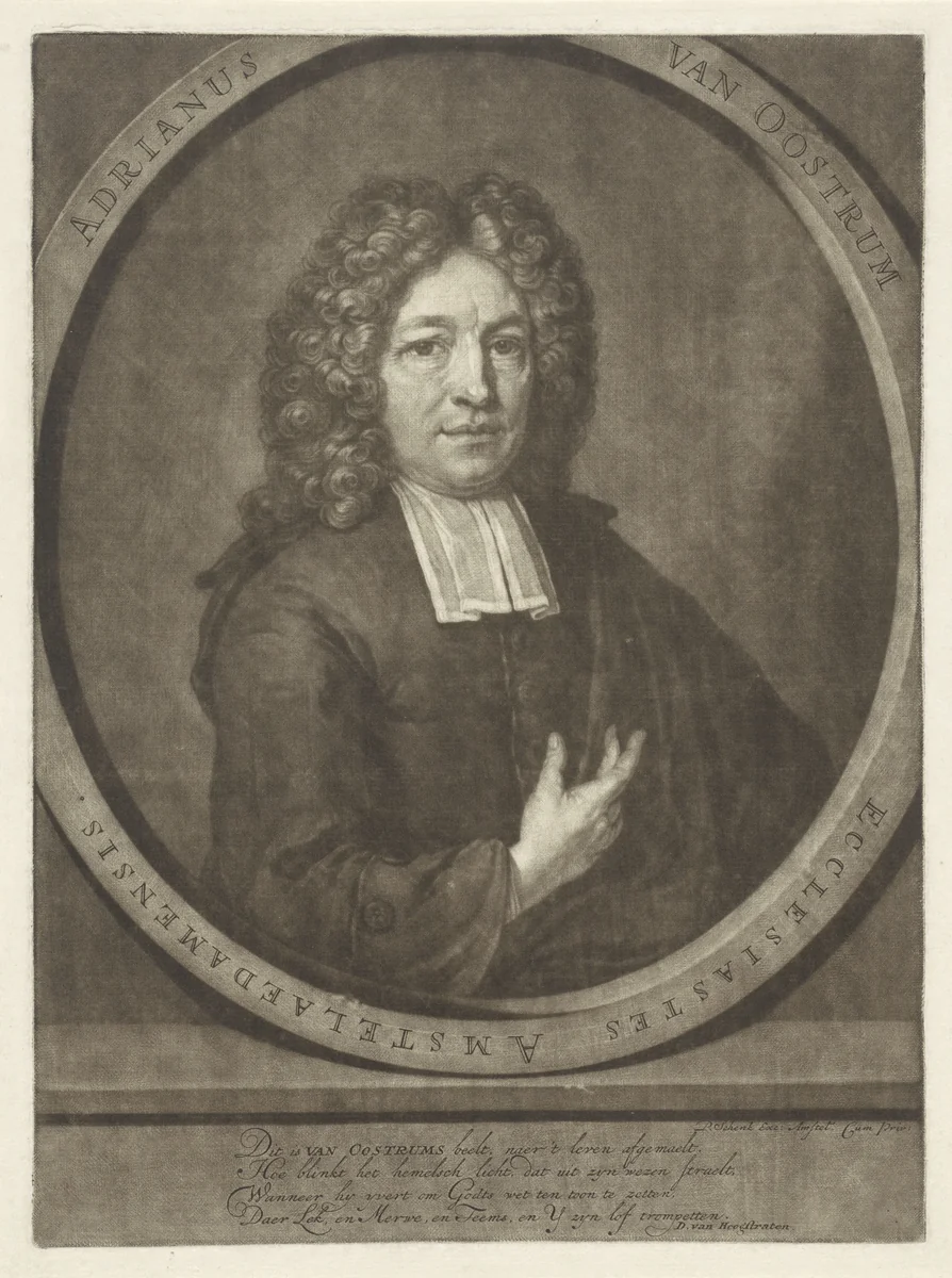 Portret van de predikant Adriaan van Oostrum by anonymous, print, 1680-1713