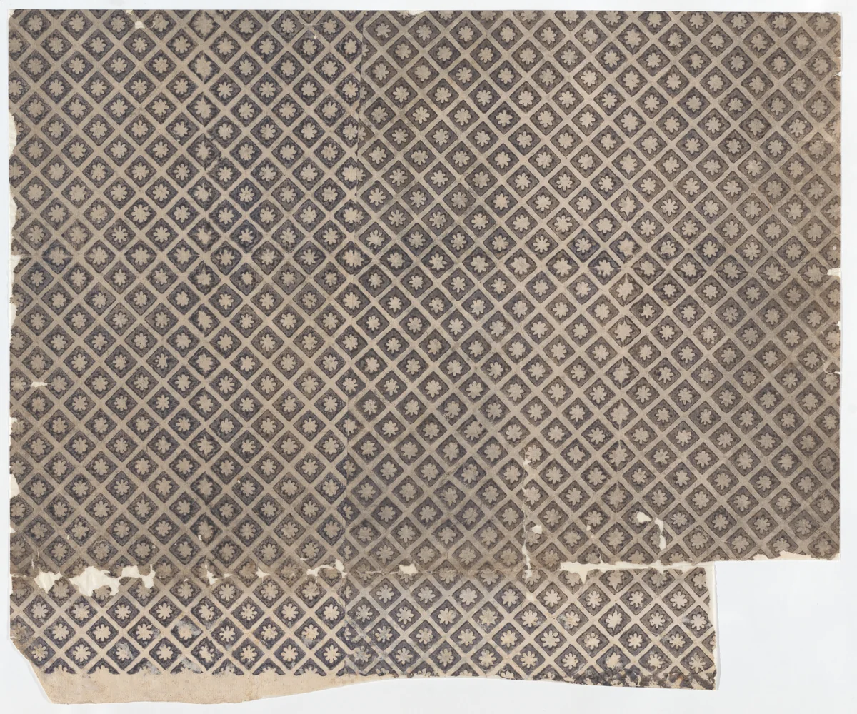 Sheet with overall pattern of flowers within squares by anonymous, print, 1800-1900