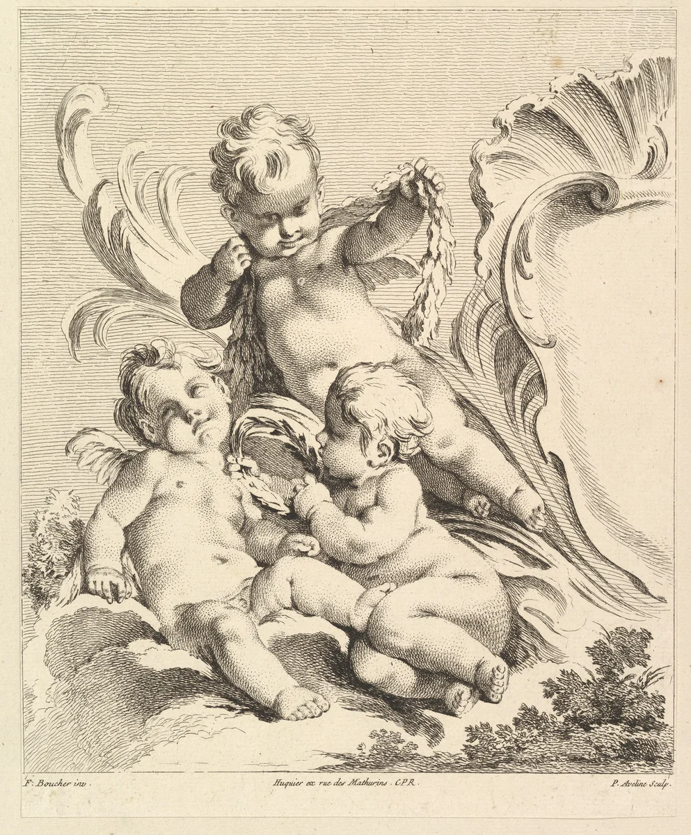 Three Loves Next to a Cartouche by Pierre Alexandre Aveline, print, 1727-1760