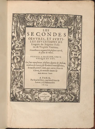 Les Secondes Oeuvres, et Subtiles Inventions De Lingerie du Seigneur Federic de Vinciolo Venitien, title page (recto) by Federico de Vinciolo, book, 1603