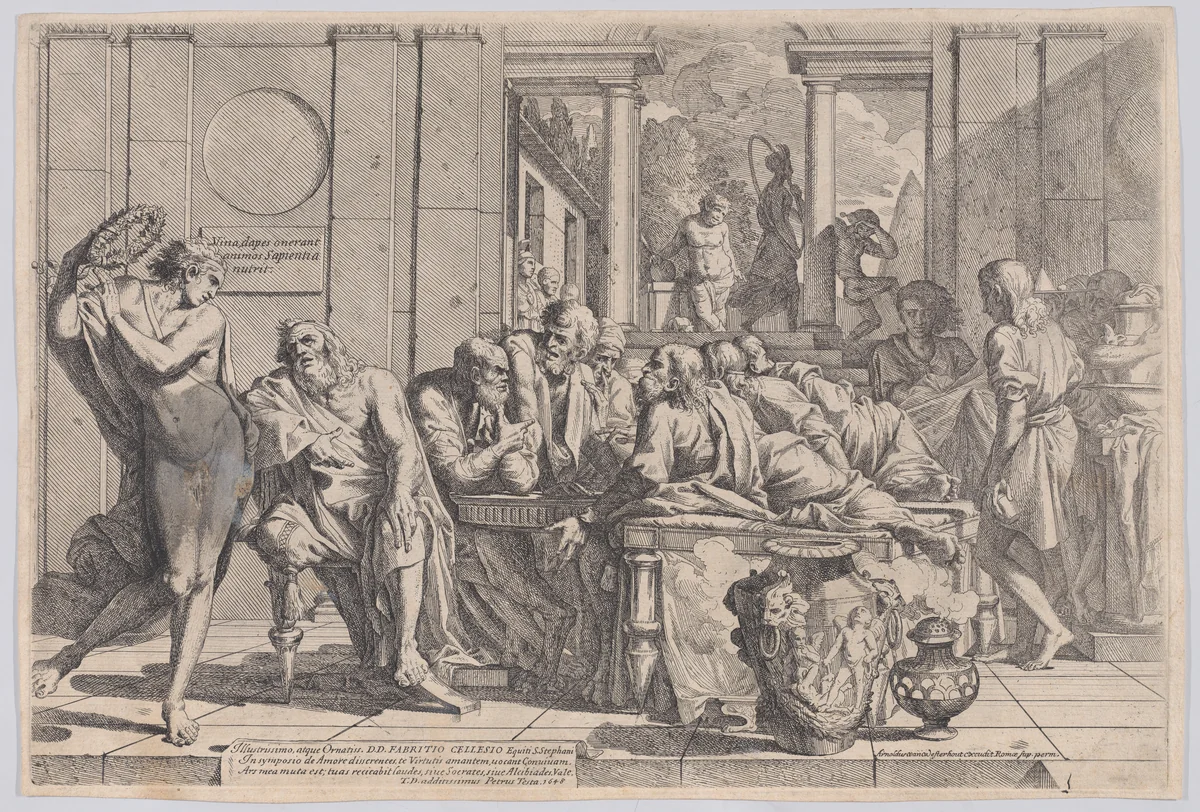 Plato's symposium: Socrates and his companions seated around a table discussing ideal love interruputed by Acibiades at left by Pietro Testa, print, 1620-1650