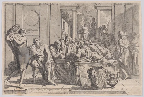 Plato's symposium: Socrates and his companions seated around a table discussing ideal love interruputed by Acibiades at left by Pietro Testa, print, 1620-1650