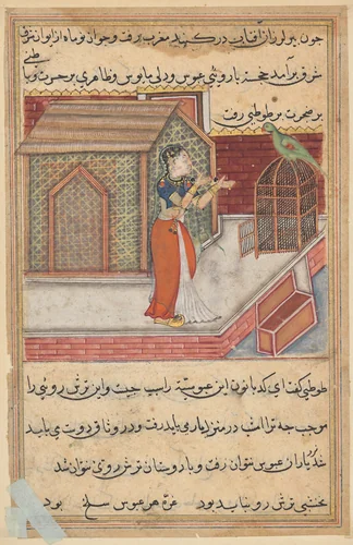 The parrot addresses Khujasta at the beginning of the forty-ninth night, from a Tuti-nama (Tales of a Parrot): Forty-Ninth Night by Unknown, painting, 1555-1565