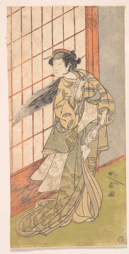 The First Nakamura Tomijuro as an Angry Woman Standing in a Room by Katsukawa Shunshô (勝川春章), print, 1772-1773