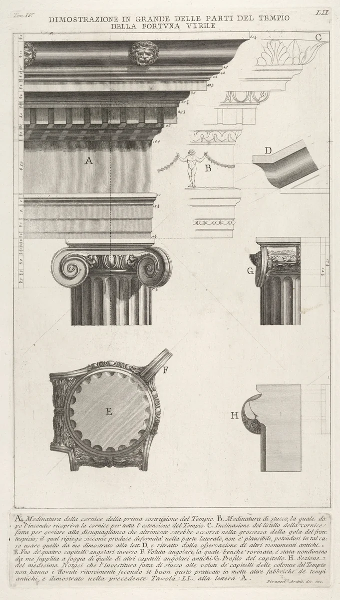 Cornice and column from the Temple of Fortuna Virilis (Tempio della Fortuna Virile), from "Le Antichità Romane" by Giovanni Battista Piranesi, print, 1756