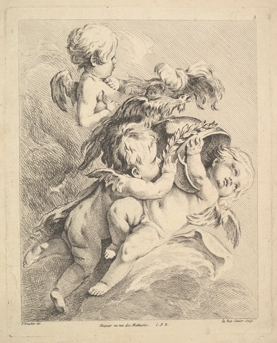 Three Cupids Holding a Helmet by Louis Félix de La Rue, print, 1731-1765