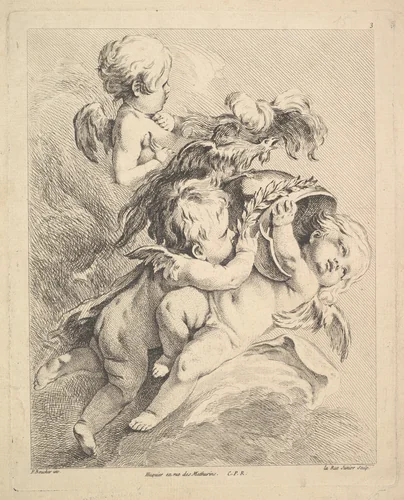 Three Cupids Holding a Helmet by Louis Félix de La Rue, print, 1731-1765
