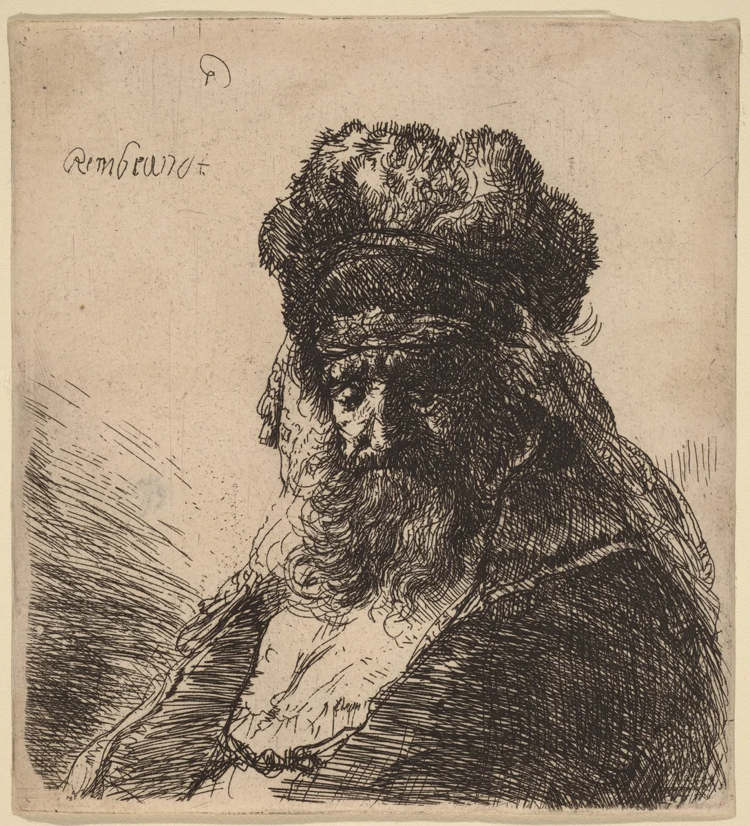 Old Bearded Man in a High Fur Cap, with Eyes Closed by Rembrandt van Rijn, print, 1635