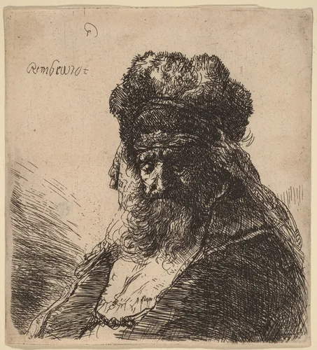 Old Bearded Man in a High Fur Cap, with Eyes Closed by Rembrandt van Rijn, print, 1635