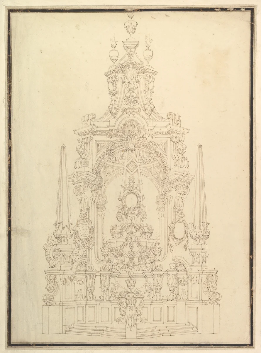 Elevation of a Catafalque: Obelisks at the Corners and One in Center by Giuseppe Galli Bibiena, drawing, 1720-1740