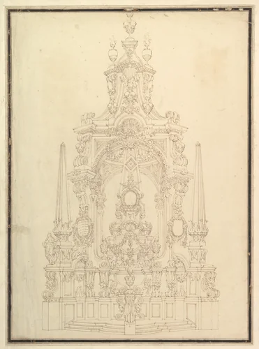 Elevation of a Catafalque: Obelisks at the Corners and One in Center by Giuseppe Galli Bibiena, drawing, 1720-1740
