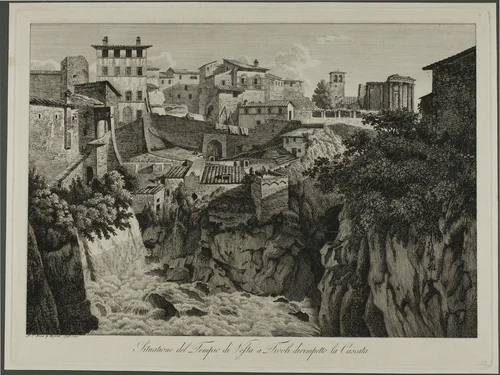 Scene of the Temple of Vesta at Tivoli Facing the Cascades by Albert Christoph Dies, print, 1795