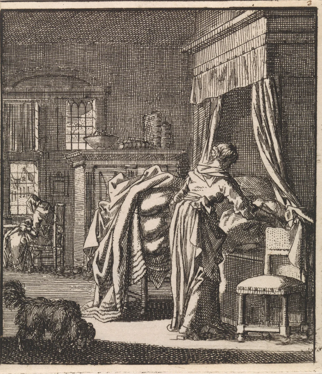 Vrouw haalt een bed af by Jan Luyken, print, 1711